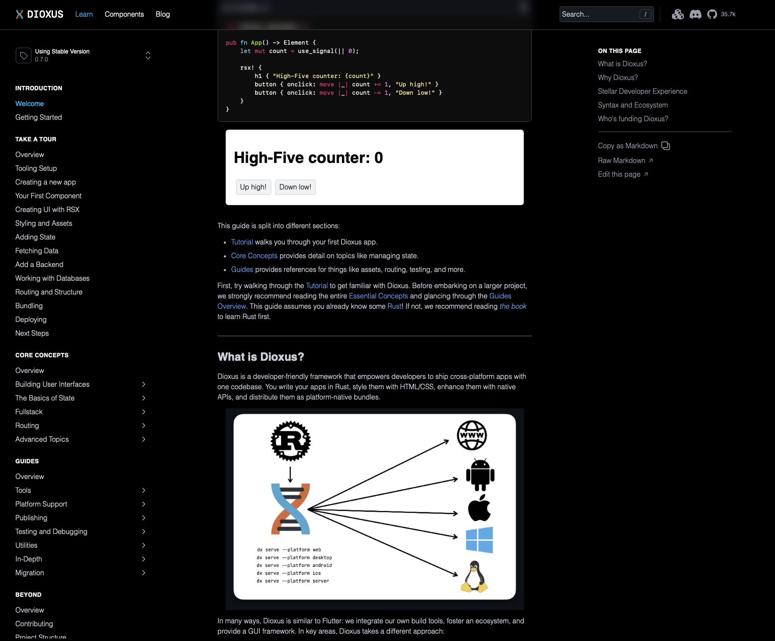 Dioxus documentation page showing the framework overview and cross-platform architecture
