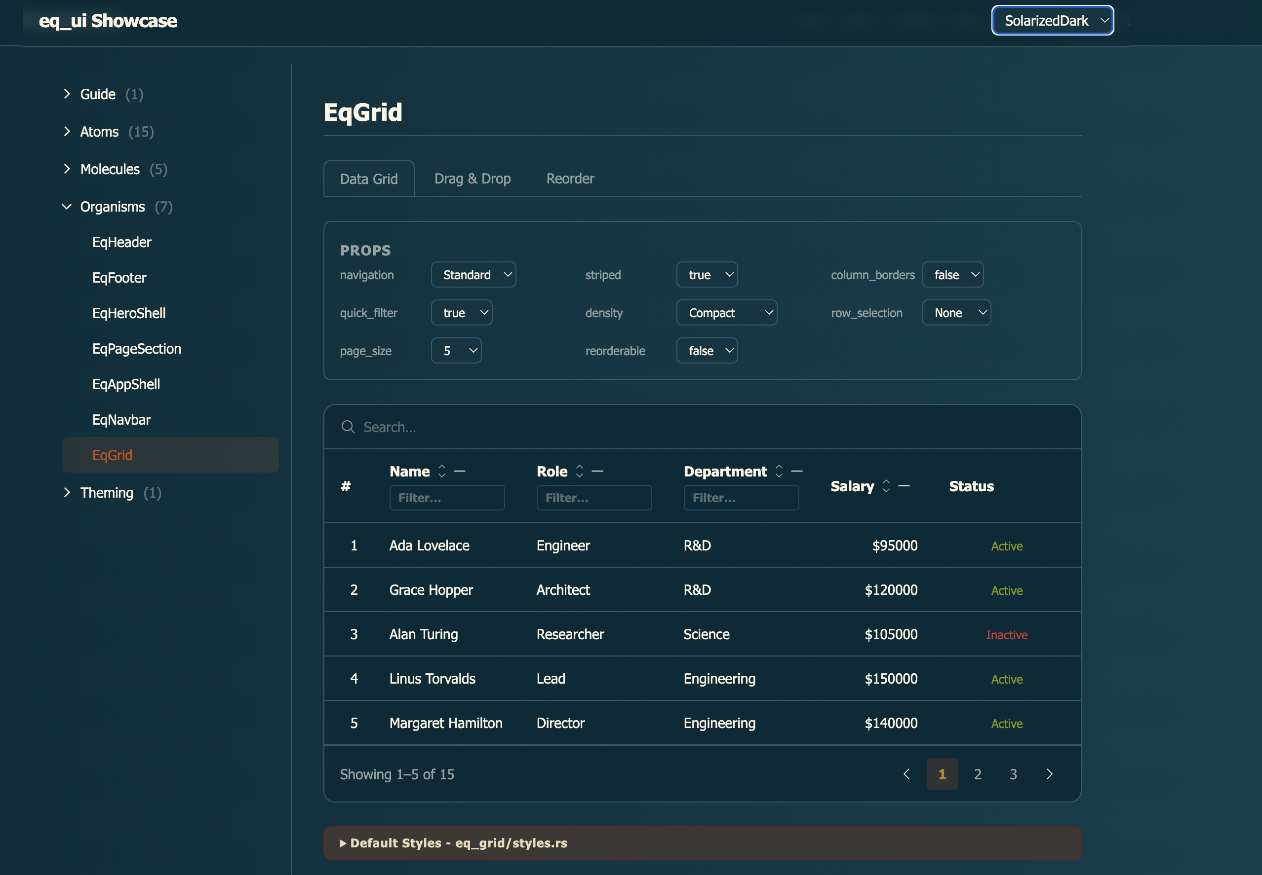 EqGrid organism in the eq_ui playground showing data table with pagination and SolarizedDark theme