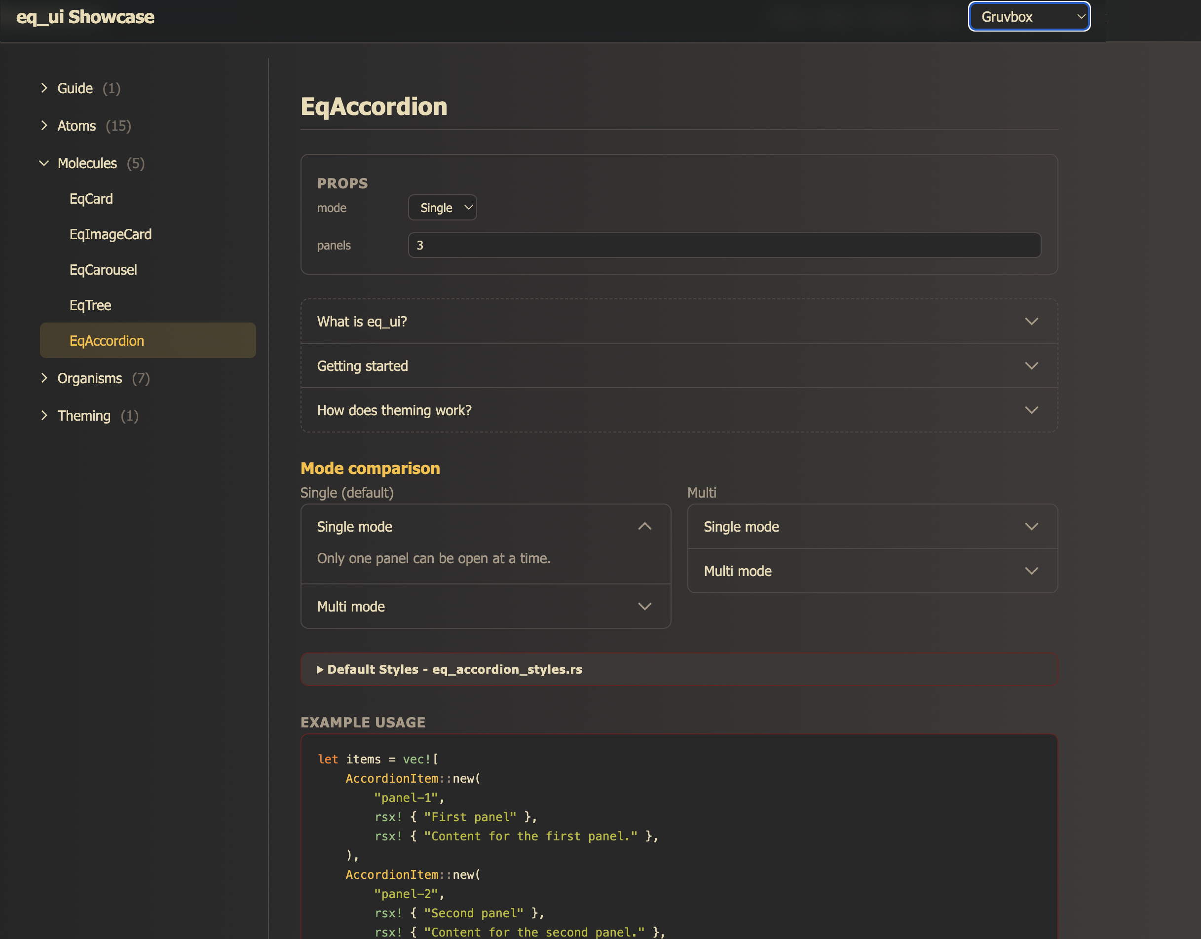 EqAccordion molecule in the eq_ui playground showing mode comparison and code examples with Gruvbox theme